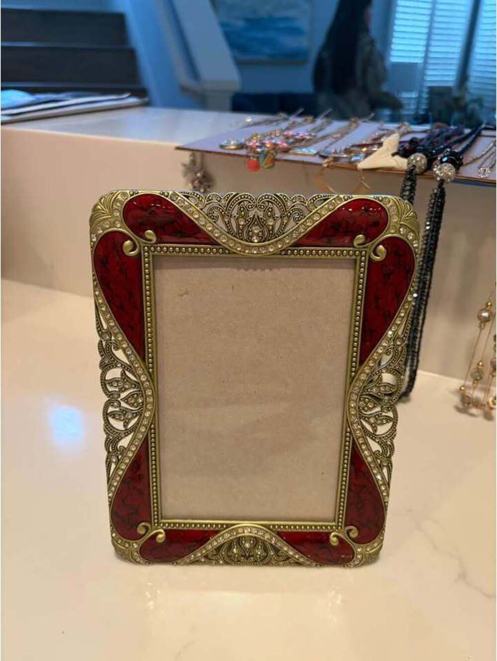 Vintage Retro Brass Plated Metal Picture Frame with Red Enamel and Crystals